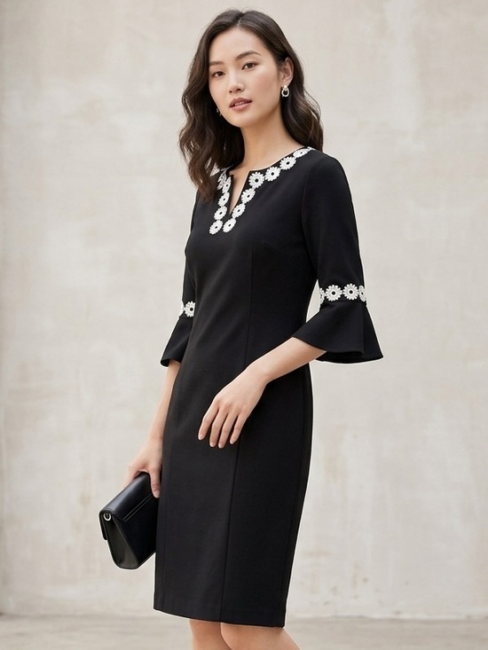 Talbots Dresses & Skirts - Talbots Sz 14 Embroidered Floral Black Flounce Bell Sleeve Shift Dress Classic